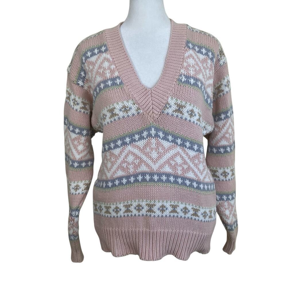 Liz Claiborne Sz M Vtg 90s V-neck Chunky Knit Sweater Pastel Pink Nordic Retro
